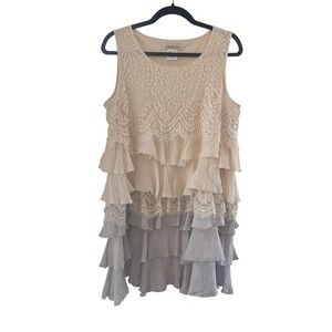 Paisley Vine Ruffle Dress Lace Sleeveless Layered‎ Mini Beige/Gray Fairy Size M